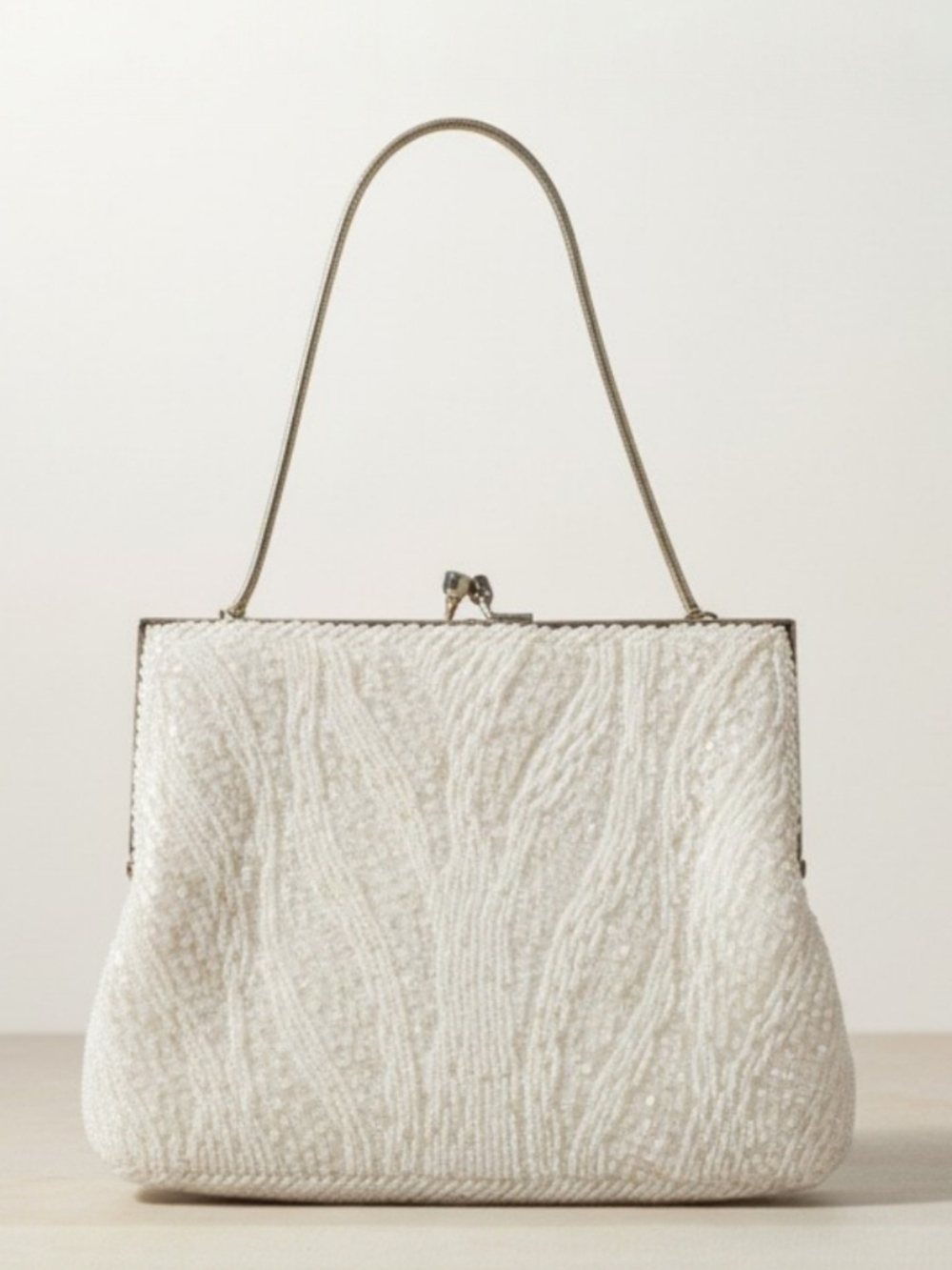 Walborg Ivory Beaded Frame Clutch with Top Handle